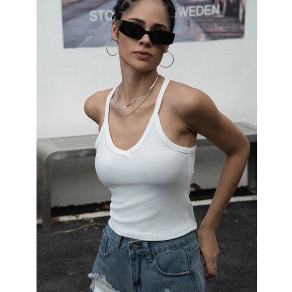 White Ribbed Tank Top Racerback V-Neck Slim Fit Stretchy Basic - Picture 10 of 15